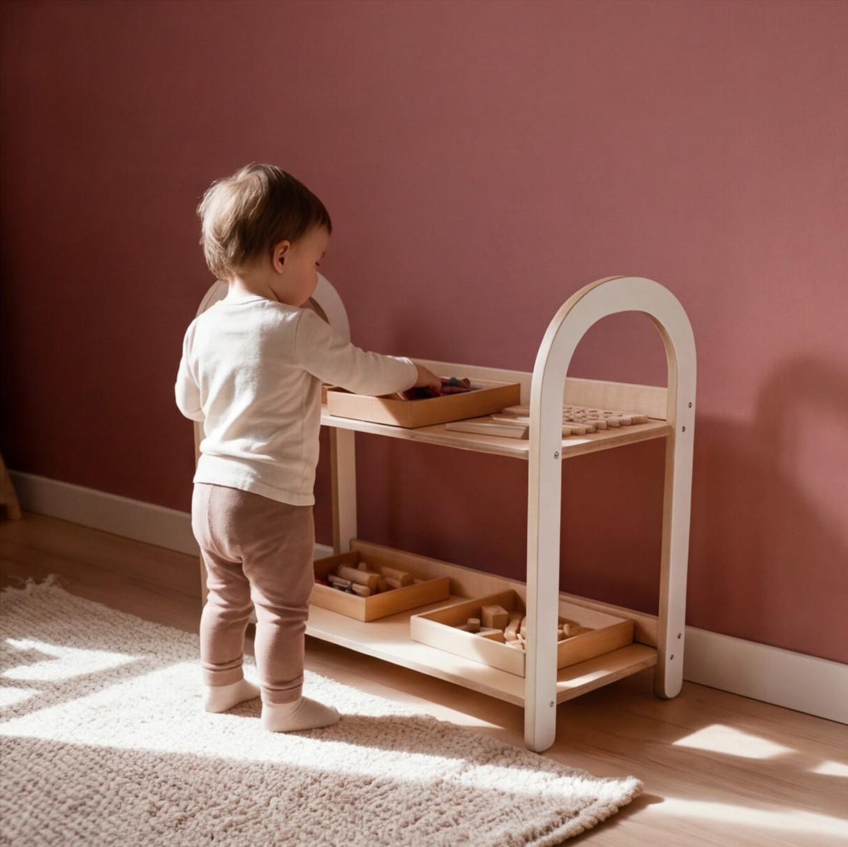 Dziecko bawiące się samodzielnie przy półce Montessori z drewnianymi zabawkami
